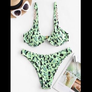 Green leopard chain high-cut bikini